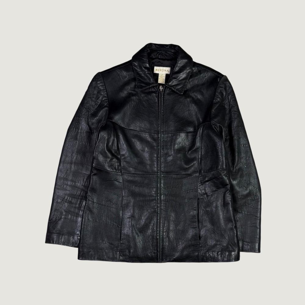 Merona Womens Black Genuine Leather Full Zip Jacket Size M Classic Collar Lined
